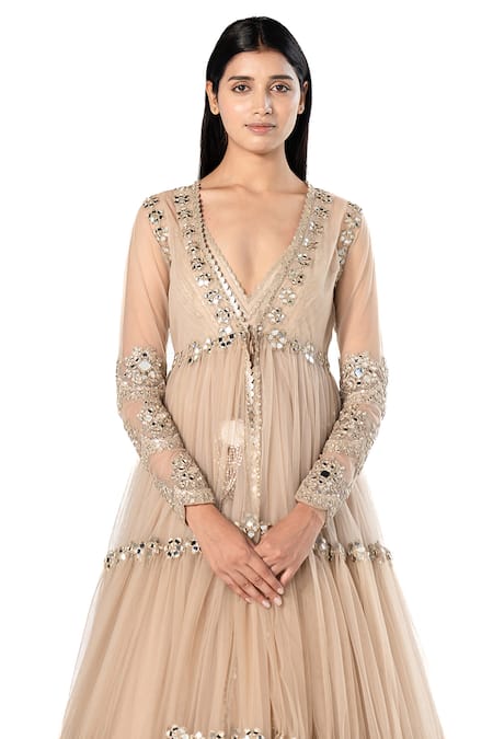 Shop_Abhinav Mishra_Beige Anarkali- Organza Embroidered Mirror Plunged V Tiered Jacket And Set 