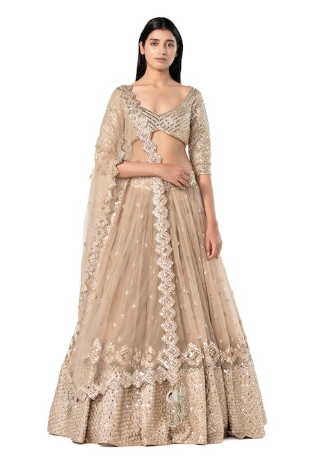 Abhinav Mishra Gold Net Embellished Mirror Leaf Bridal Lehenga Set