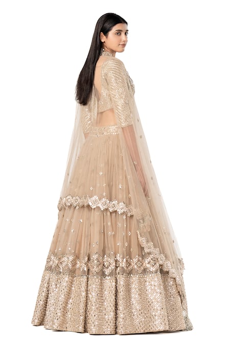 Shop_Abhinav Mishra_Gold Net Embellished Mirror Leaf Bridal Lehenga Set _at_Aza_Fashions