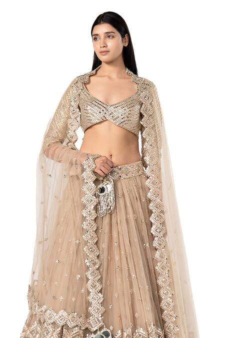 Abhinav Mishra_Gold Net Embellished Mirror Leaf Bridal Lehenga Set _Online_at_Aza_Fashions