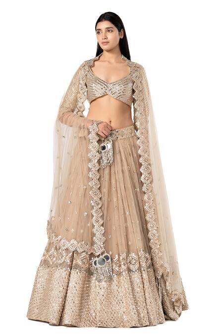 Buy_Abhinav Mishra_Gold Net Embellished Mirror Leaf Bridal Lehenga Set _Online_at_Aza_Fashions