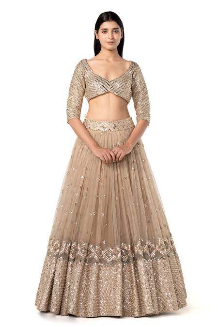 Shop_Abhinav Mishra_Gold Net Embellished Mirror Leaf Bridal Lehenga Set _Online_at_Aza_Fashions