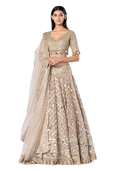 Abhinav Mishra Grey Blouse- Net Embellished Mirror V Chevron Pattern Work Bridal Lehenga Set