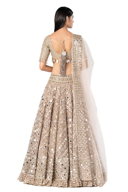 Shop_Abhinav Mishra_Grey Blouse- Net Embellished Mirror V Chevron Pattern Work Bridal Lehenga Set _at_Aza_Fashions