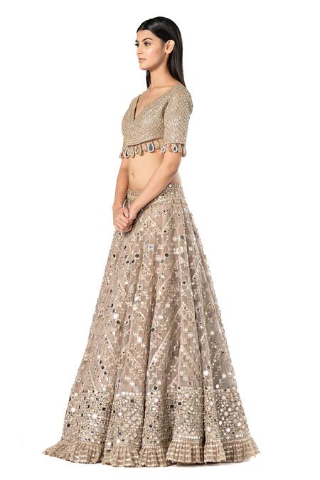 Abhinav Mishra_Grey Blouse- Net Embellished Mirror V Chevron Pattern Work Bridal Lehenga Set _Online_at_Aza_Fashions