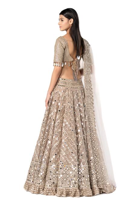 Buy_Abhinav Mishra_Grey Blouse- Net Embellished Mirror V Chevron Pattern Work Bridal Lehenga Set _Online_at_Aza_Fashions