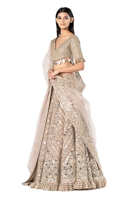 Shop_Abhinav Mishra_Grey Blouse- Net Embellished Mirror V Chevron Pattern Work Bridal Lehenga Set _Online_at_Aza_Fashions