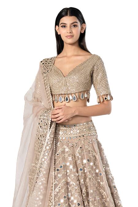 Abhinav Mishra_Grey Blouse- Net Embellished Mirror V Chevron Pattern Work Bridal Lehenga Set _at_Aza_Fashions