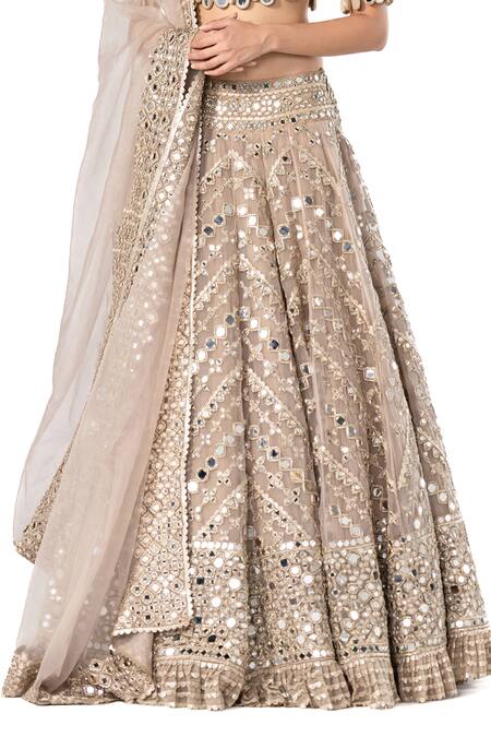 Buy_Abhinav Mishra_Grey Blouse- Net Embellished Mirror V Chevron Pattern Work Bridal Lehenga Set 