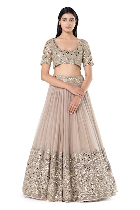 Shop_Abhinav Mishra_Grey Net Embroidered Mirror Scoop Pleated Bridal Lehenga Set _at_Aza_Fashions