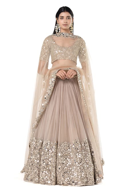 Abhinav Mishra_Grey Net Embroidered Mirror Scoop Pleated Bridal Lehenga Set _Online_at_Aza_Fashions