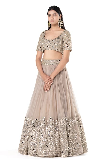 Buy_Abhinav Mishra_Grey Net Embroidered Mirror Scoop Pleated Bridal Lehenga Set _Online_at_Aza_Fashions