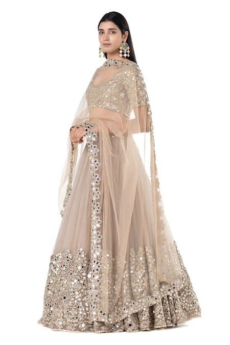Shop_Abhinav Mishra_Grey Net Embroidered Mirror Scoop Pleated Bridal Lehenga Set _Online_at_Aza_Fashions