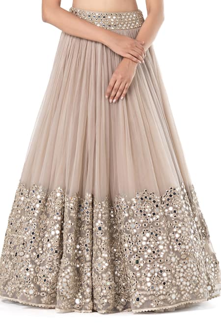 Shop_Abhinav Mishra_Grey Net Embroidered Mirror Scoop Pleated Bridal Lehenga Set 