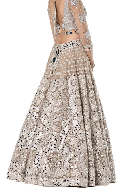 Shop_Abhinav Mishra_Beige Net Embroidered Mirror Cutwork V Floral Bridal Lehenga Set _at_Aza_Fashions