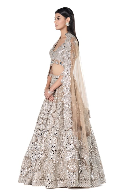 Buy Abhinav Mishra Beige Net Embroidered Mirror Cutwork V Floral Bridal Lehenga Set Online at Aza Fashions Buy_Abhinav Mishra_Beige Net Embroidered Mirror Cutwork V Floral Bridal Lehenga Set _Online_at_Aza_Fashions