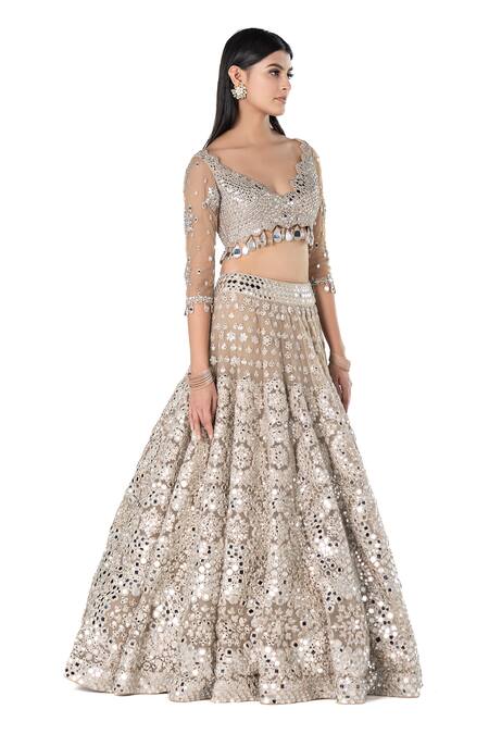 Abhinav Mishra_Beige Net Embroidered Mirror Cutwork V Floral Bridal Lehenga Set _at_Aza_Fashions
