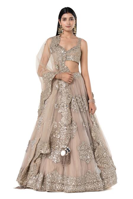 Abhinav Mishra Grey Lehenga- Organza Embroidered Mirror Sweetheart Floral Butta Bridal Set