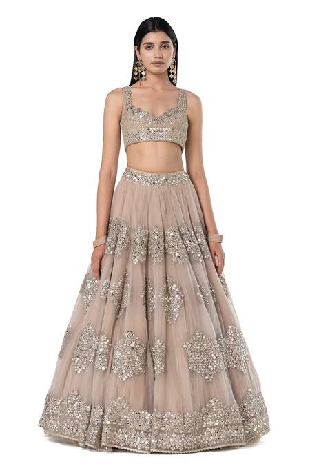 Abhinav Mishra_Grey Lehenga- Organza Embroidered Mirror Sweetheart Floral Butta Bridal Set _Online_at_Aza_Fashions