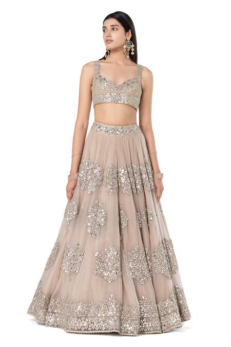 Buy_Abhinav Mishra_Grey Lehenga- Organza Embroidered Mirror Sweetheart Floral Butta Bridal Set _Online_at_Aza_Fashions
