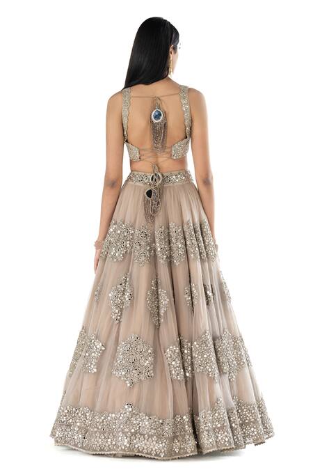 Abhinav Mishra_Grey Lehenga- Organza Embroidered Mirror Sweetheart Floral Butta Bridal Set _at_Aza_Fashions