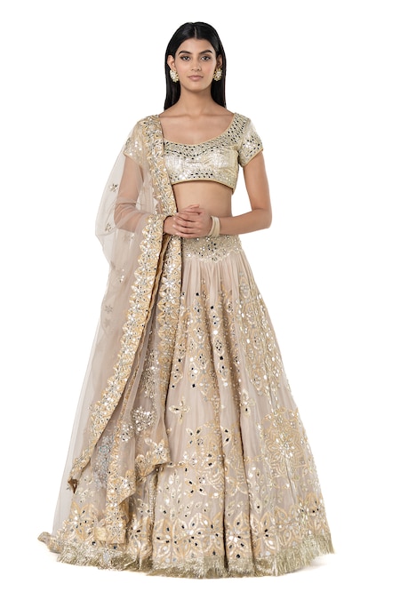 Abhinav Mishra Beige Lehenga- Chanderi Embroidered Mirror Scoop Bridal Set