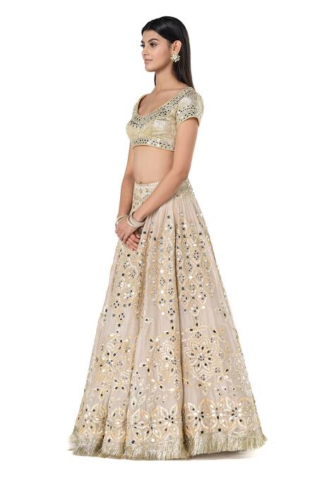 Abhinav Mishra_Beige Chanderi, Net Mirrors Embroidered Bridal Lehenga Set _Online_at_Aza_Fashions