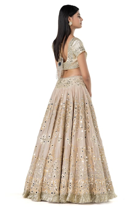 Buy_Abhinav Mishra_Beige Chanderi, Net Mirrors Embroidered Bridal Lehenga Set _Online_at_Aza_Fashions