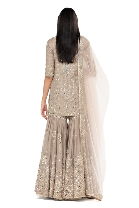 Shop_Abhinav Mishra_Grey Kurta And Sharara- Chanderi Embroidered Mirror Plunged V Set _at_Aza_Fashions