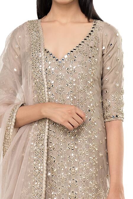 Abhinav Mishra_Grey Kurta And Sharara- Chanderi Embroidered Mirror Plunged V Set _Online_at_Aza_Fashions