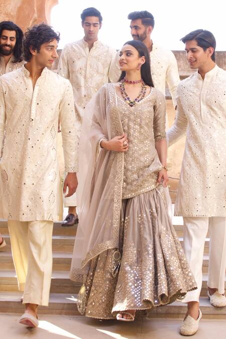 Buy_Abhinav Mishra_Grey Kurta And Sharara- Chanderi Embroidered Mirror Plunged V Set _Online_at_Aza_Fashions