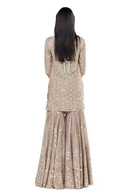 Shop_Abhinav Mishra_Grey Kurta And Sharara- Chanderi Embroidered Mirror Plunged V Set _Online_at_Aza_Fashions
