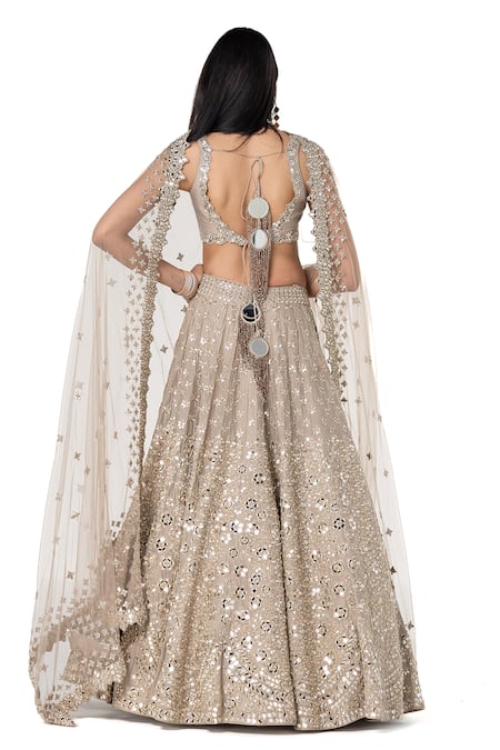 Shop_Abhinav Mishra_Grey Chanderi, Net Mirrors V-neck Floral Embroidered Bridal Lehenga Set _at_Aza_Fashions