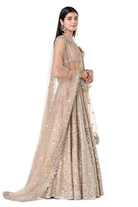 Abhinav Mishra_Grey Chanderi, Net Mirrors V-neck Floral Embroidered Bridal Lehenga Set _Online_at_Aza_Fashions