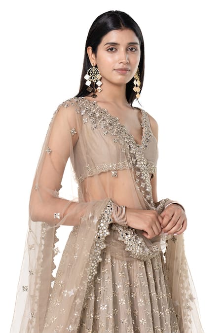 Buy_Abhinav Mishra_Grey Chanderi, Net Mirrors V-neck Floral Embroidered Bridal Lehenga Set _Online_at_Aza_Fashions