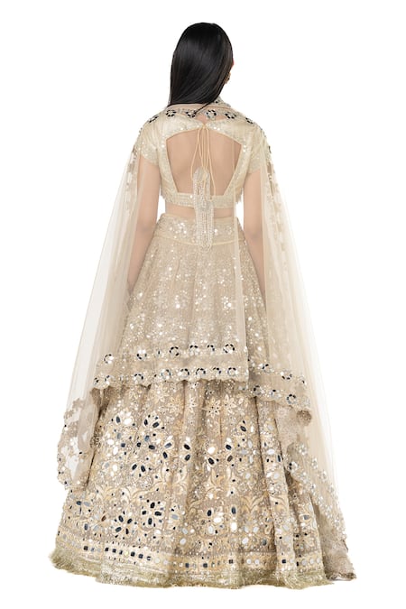 Shop_Abhinav Mishra_Beige Net Mirrors Floral Embroidered Bridal Lehenga Set _at_Aza_Fashions