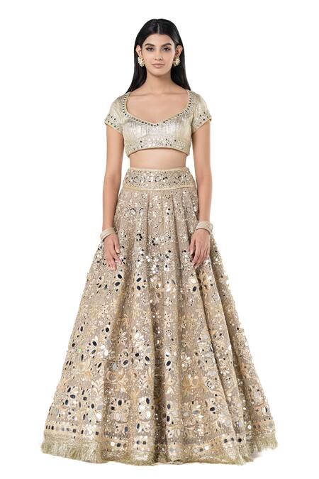 Abhinav Mishra_Beige Net Mirrors Floral Embroidered Bridal Lehenga Set _Online_at_Aza_Fashions