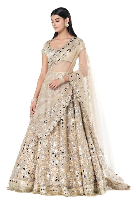 Buy_Abhinav Mishra_Beige Net Mirrors Floral Embroidered Bridal Lehenga Set _Online_at_Aza_Fashions