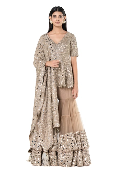 Abhinav Mishra Beige Kurta And Sharara- Net Embroidered Mirror V Neck Peplum Set