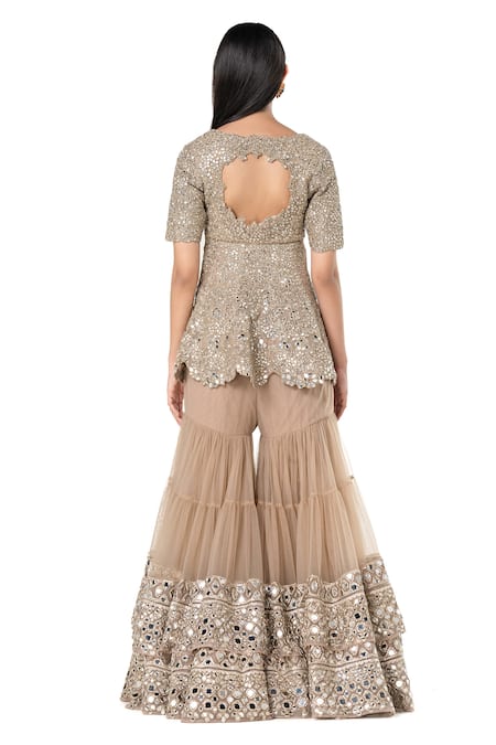 Shop_Abhinav Mishra_Beige Net, Chanderi Mirrors, Embroidery V-neck Peplum Kurta Sharara Set _at_Aza_Fashions