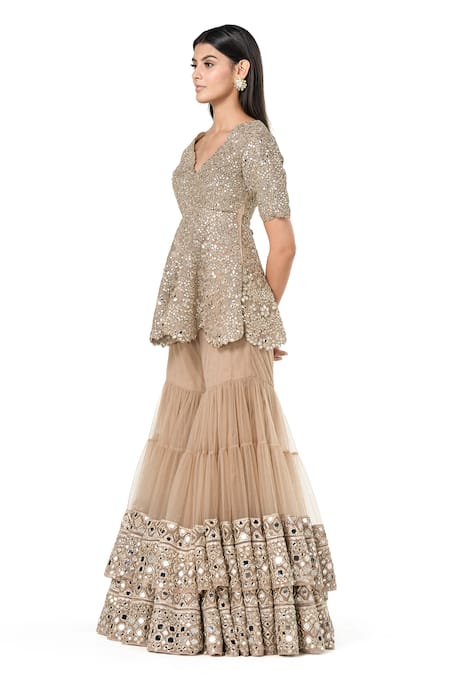 Abhinav Mishra_Beige Net, Chanderi Mirrors, Embroidery V-neck Peplum Kurta Sharara Set _Online_at_Aza_Fashions
