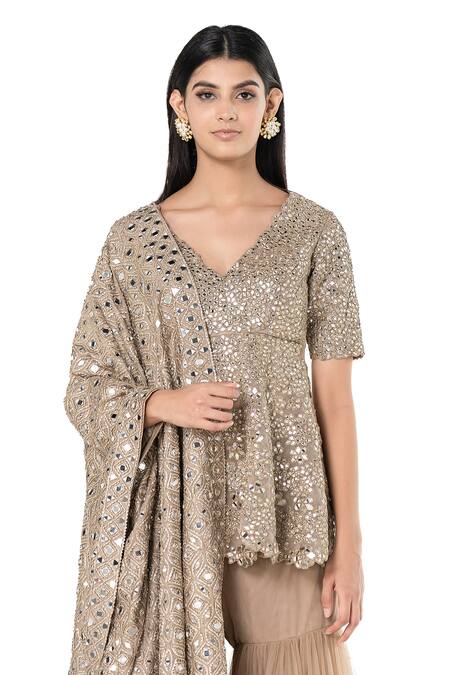 Shop_Abhinav Mishra_Beige Net, Chanderi Mirrors, Embroidery V-neck Peplum Kurta Sharara Set 