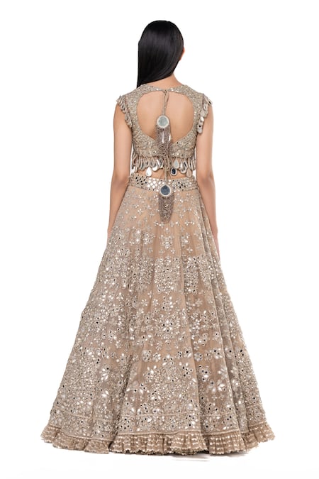 Shop_Abhinav Mishra_Grey Net Tassels, Mirrors Round Neck Embellished Bridal Lehenga Set _at_Aza_Fashions