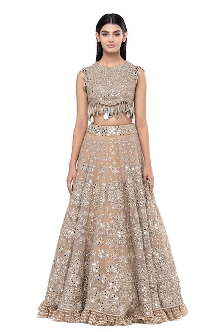 Buy_Abhinav Mishra_Grey Net Tassels, Mirrors Round Neck Embellished Bridal Lehenga Set _Online_at_Aza_Fashions