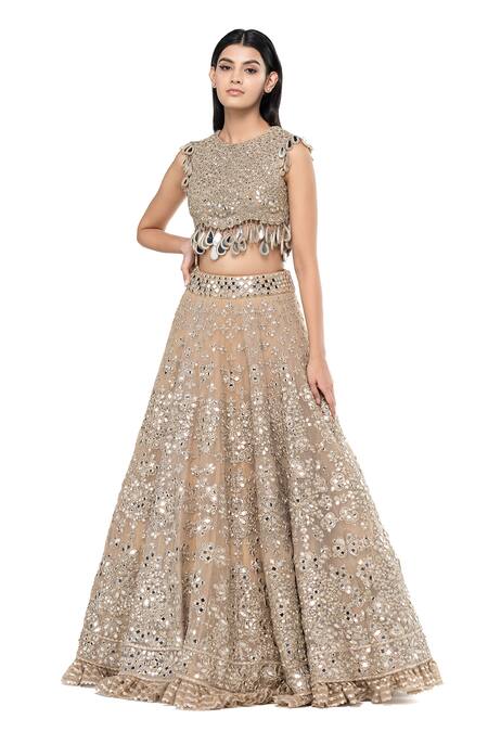 Shop_Abhinav Mishra_Grey Net Tassels, Mirrors Round Neck Embellished Bridal Lehenga Set _Online_at_Aza_Fashions