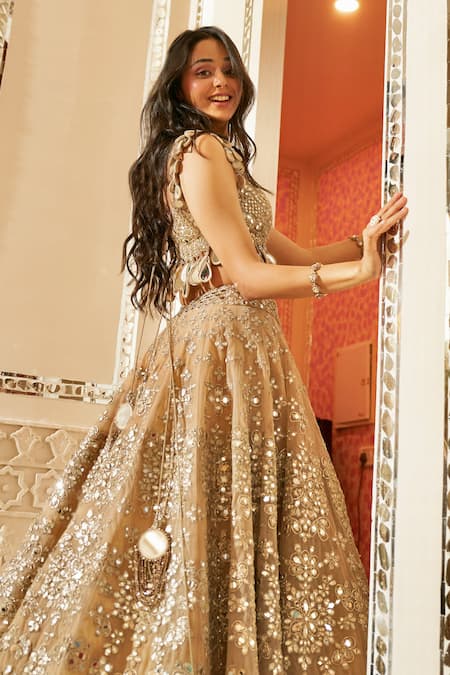 Abhinav Mishra_Grey Net Tassels, Mirrors Round Neck Embellished Bridal Lehenga Set _at_Aza_Fashions