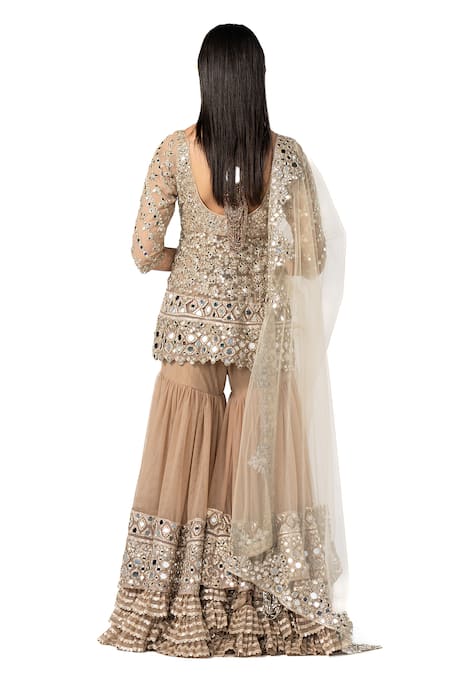 Shop_Abhinav Mishra_Grey Net Embroidery, Mirrors Scoop Neck Peplum Kurta Sharara Set _at_Aza_Fashions