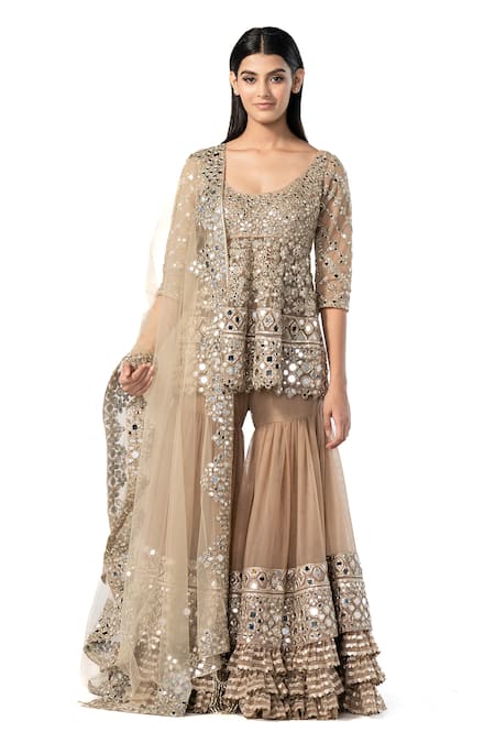 Abhinav Mishra_Grey Net Embroidery, Mirrors Scoop Neck Peplum Kurta Sharara Set _Online_at_Aza_Fashions