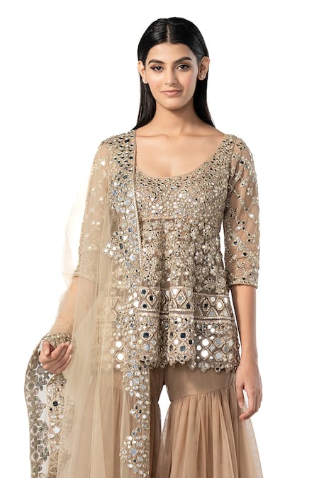 Buy_Abhinav Mishra_Grey Net Embroidery, Mirrors Scoop Neck Peplum Kurta Sharara Set _Online_at_Aza_Fashions