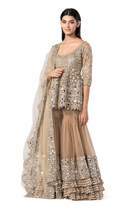 Shop_Abhinav Mishra_Grey Net Embroidery, Mirrors Scoop Neck Peplum Kurta Sharara Set _Online_at_Aza_Fashions